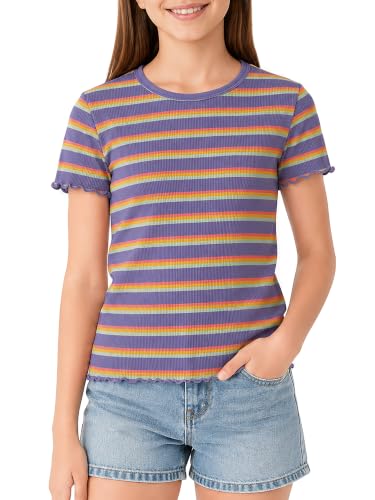 Image of Girls Striped T-Shirt Lettuce Trim Short Sleeve Top Size 6-16 | Soft stretch ribbed knit fabric, breathable blouse,summer outfit for big girls & teen, for school, party and daily activity