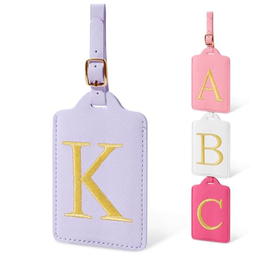 Image of Personalized Initial Luggage Tags for Suitcases, Cute PU Leather Embroidered Letter Travel Luggage Tags, Suitcase Identifier Name Baggage Tag, Bag Tags for Men Women Kids Luggage Handbags(Purple K)
