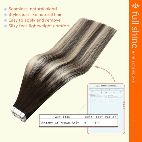 Image of Full Shine Tape in Hair Extensions, 16 Inch Brown Blonde Highlights | 50g 20PCS, Brazilian Double Sided Tape in Extensions, Straight Remy Finish Seamless Texture for Natural Volume