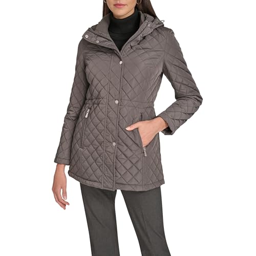 Calvin Klein Women's Hooded Quilted Jacket – Classic Diamond Stitch Long Coat with Pockets, Titan, XL