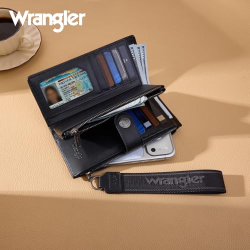 Image of Montana West X Wrangler Black Minimalist Wallet for Women Ladies Female Card Cases & Money Organizers Wristlet with Wallet Large Clutch with Coin Purse Smooth Zipper and Rfid Lining