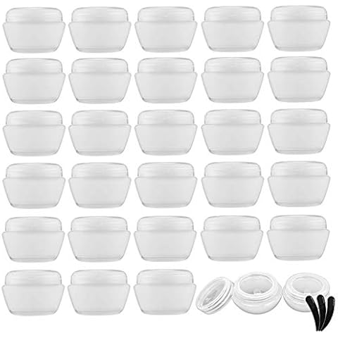 Alledomain 30 Pieces 10ml / 10g Empty Cosmetic Sample Container with 3Pcs Mini Spatulas, Plastic Refillable Travel Clear Pot Jars with Lids and Inner Liners for Makeup Creams Beauty Nails Eye Shadow Cover