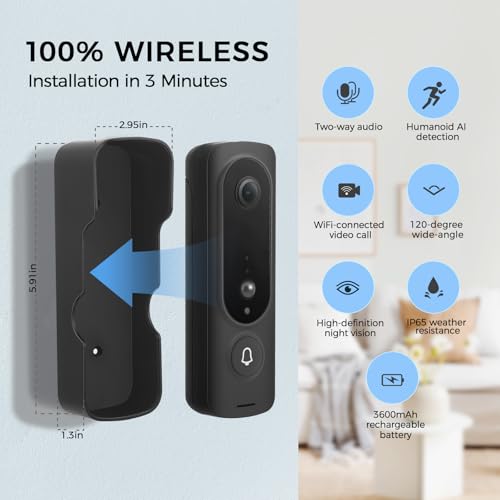 Timbre de vídeo con cámara, timbre inalámbrico con visión nocturna y 1080p, audio de 2 vías, almacenamiento encriptado, Wi-Fi de 2,4 GHz, IP65, cámara HD de 120°, almacenamiento SD y en la nube - imagen 6