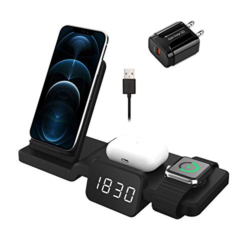 Wireless Charger Stand, 4 in 1 Wireless Charger Compatible with iPhone 11/11 Pro/X/Xr/Xs/8 etc. Qi Phones, iwatch Charger Stand, AirPod Pro/2 Charger, Digital Clock, QC 3.0 Adapter Included