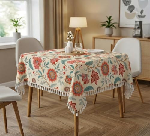 Image of Amazon Brand - Umi Microfiber Cotton Table Cloth Pack of 2 for 4-Seater Dining Table | 45 x 60 Inch Rectangular Printed Table Cover with Tassels | Washable, Durable,Reusable Dining Table Cover