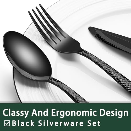 Image of EWFEN 24-Piece Black Silverware Set with Steak Knives, Black Flatware Set for 4, Food-Grade Stainless Steel Tableware Cutlery Set, Mirror Finished Utensil Sets for Home Restaurant, Wave Hammered