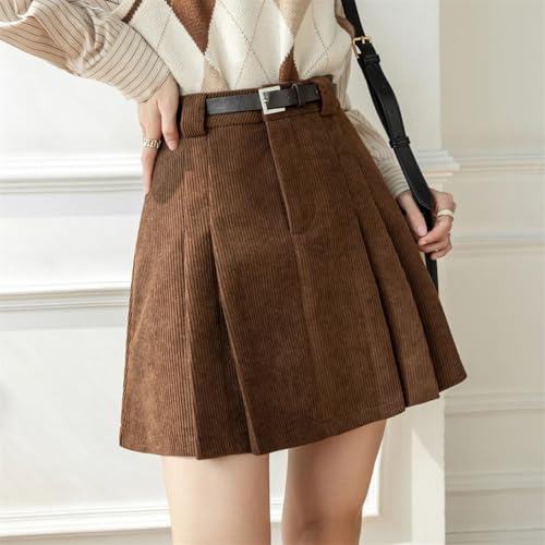 Women's Corduroy High Waist Pleated Mini Skirt Retro Slim A-Line Winter Skirt with Adjustable Belt4