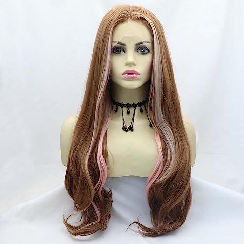 xiweiya Long Mixed Brown Wavy Wig Highlight Rose Pink With Blonde Brown Synthetic Lace Front Wigs with Heat Resistant Fiber for Women Drag Queen Makeup Everyday Wig 24 inches