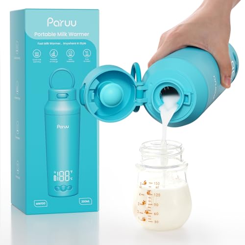 Paruu Portable Bottle Warmer for Travel, Easy-Clean Wide Mouth, Portable Milk Warmer with Fast Heating for Night Feeding, 7-Temp Control, Large 12oz Capacity, Ideal Gifts for New Parents, Blue