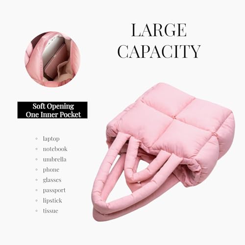 MadGrandeur Puffer Tote Bag Damen Glänzend Gesteppt Reißverschluss Puffy, Daunen Gepolsterte Schultertasche Niedliche Handtasche Ästhetische Handtasche, Z-pink, Large