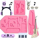 Violin Silicone Mold 3 Pcs, Note Fondant Mold Rock Sunglasses Gesture Guitar Headphone Piano Mold for Cake Decoration Candy Cupcake Topper Cake Polymer Clay Crafts Epoxy Resin