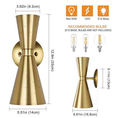 Image of Brass Wall Sconce, Mid Century Modern Sconce Wall Lighting, Up Down Gold Wall Sconces E12 Base, Vintage Farmhouse Wall Lights Hardwired Wall Lamps for Bedroom Bathroom Living Room Staircase