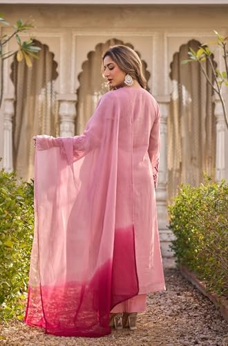 Image of GoSriKi Kurta Sets for Women Viscose Embroidered | Kurti Set for Woman | Straight Kurta Palazzo Dupatta Set | 3 Piece Set Women | Round Neck V-Slit Full Sleeve Stylish Ethnic Outfit Clothing