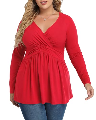 TIANZHU Women's Plus Size V Neck Tunics Tops, Big Red, 2XL