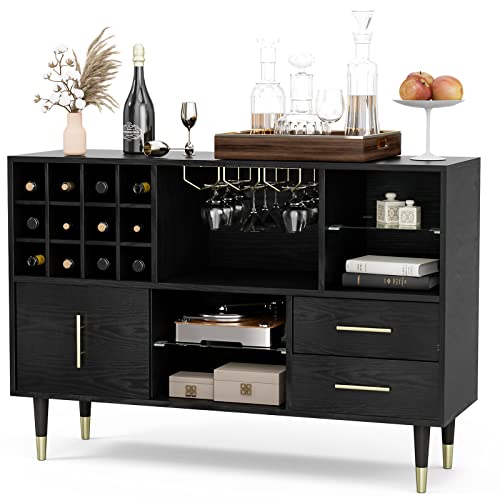 Ikifly Accent Kitchen Sideboard Buffet Cabinet With Storage, Wood Bar Cabinet Server Cupboard With 12 Wine Bottle Rack, Stemware Holder And Drawers, For Kitchen Dinning Room Living Room - Black #TOP2