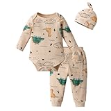 Kulcerry Newborn Baby Boy Clothes Infant Boys Long Sleeve Ribbed Dinosaur Print Bodysuit + Pants + Hat (Beige,6-9 Months)