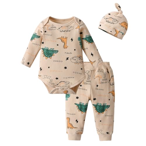 Image of Siracend Newborn Infant Baby Boy Clothes Print Long Sleeve Bodysuit + Pants + Hat 3 PCS Outfits Set