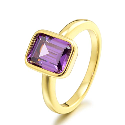 Rizilia CELEBOX Solitario Compromiso Anillo con Corte Esmeralda Piedras Preciosas Circonita CZ [Amatista Púrpura] en 18K Chapado en Oro Amarillo, Celebridad Inspirada en Angelina Jolie