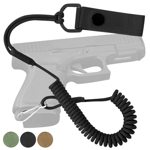 TECEUM Tactical Pistol Lanyard – Black – Equipment Accessories for Military, Police, Security & Personal Use – Spring Safety Strap with D-Ring Keeper – Anti-Lost Elastic Coil for Belt or MOLLE - TECEUM