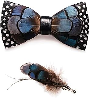 RBOCOTT Blue Leather Feather Handmade Pre-tied Bow tie and Brooch Sets for Men(8)