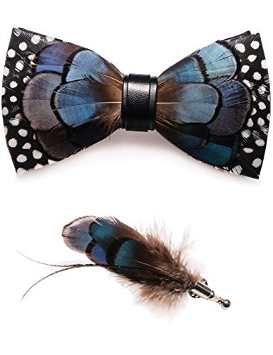 Rbocott Blue Leather Feather Handmade Pre-Tied Bow Tie And Brooch Sets For Men(8) #TOP2