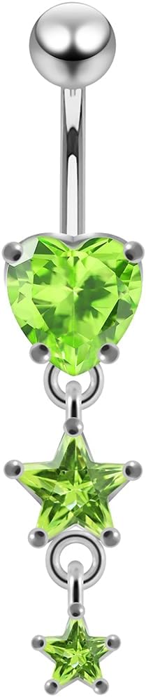 CZ Stone Heart with Two Star Dangling Design 925 Sterling Silver with 14 Gauge, 10mm Length Stainless Steel Belly Ring - Belly Button jewelry - Navel jewelry