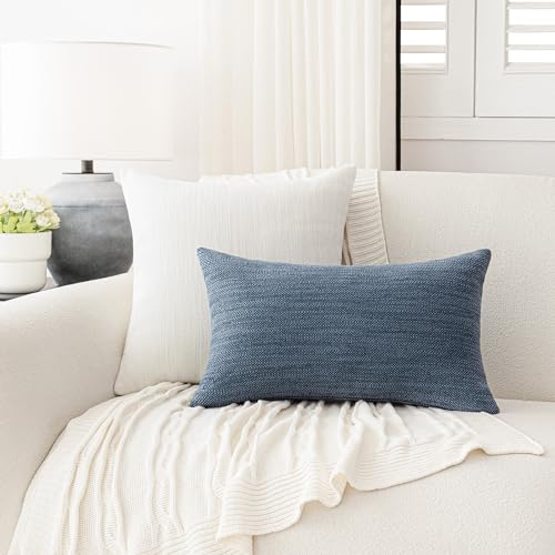 Image of Foindtower Set of 2 Decorative Textured Burlap Linen Throw Pillow Covers Farmhouse Boho Lumbar Cushion Cover Solid Accent Pillowcase for Couch Sofa Bed Living Room Home Decor,12x20 Inch,Navy Blue