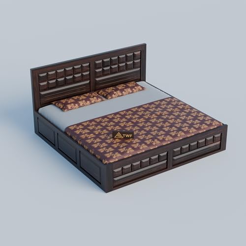 Image of Solid Sheesham Wood Queen Size Bed with Storage Box | Double Bed for Bedroom | Big Diamond Design Wooden Double Bed Cot for Home & Hotels | Rosewood, Walnut Finish