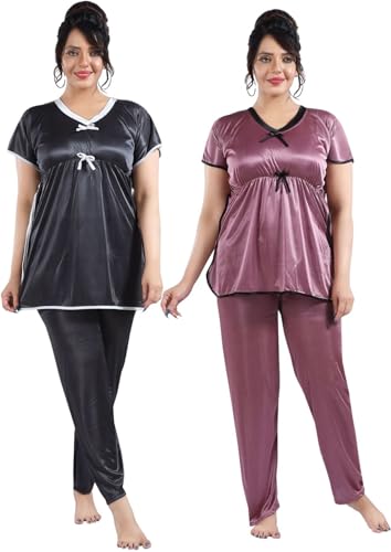 Image of Fabme Women's Satin Plain Kaftan Top & Pyjama Set