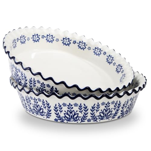 SOUJOY 2 Pack Ceramic Pie Pans for Baking, 10 Inch Pie Plates with Ruffled Edges, Deep Round Baking Dishes, Non-Stick Bakeware for Quiches Tarts Casseroles, Oven Microwave & Dishwasher Safe