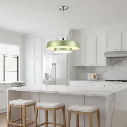 Image of Mid-Century Modern Sage Green Hanging Lamp, Brushed Metal Shade Kitchen Island Pendant Light Adjustable Ceiling Light for Living Room, Dining Nook, Bedroom