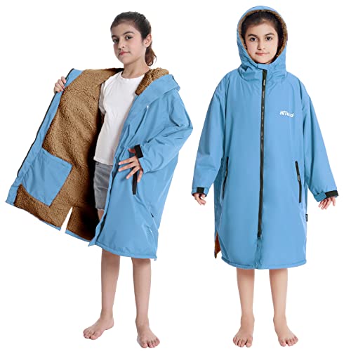Image of Hiturbo Warm Kids Swim Parka: Waterproof Changing Robe - Oversize Swimming Coat - Hooded Surf Poncho - Thick Lining (7-14Y)