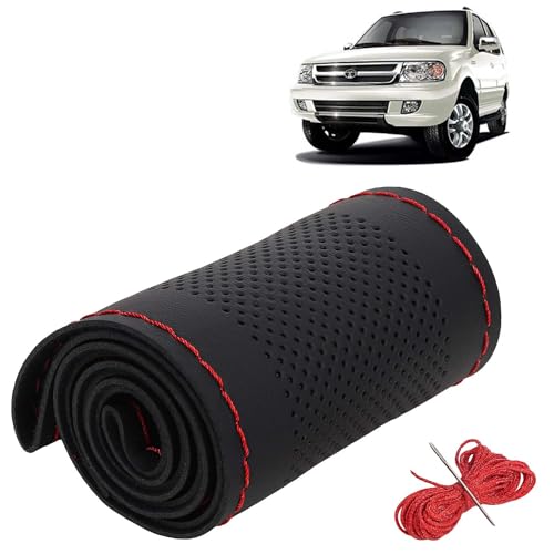 Image of KINGSWAY PU Leatherite Car Steering Cover Sewable Compatible with Tata Safari Dicor (Year 1998-2012), Black Color with Red Thread, Pack of 1 with Sewing Needle and Thread