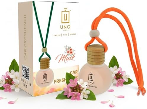 UNO AROMA Musk Car Air Freshener, 15ml, Long Lasting Hanging car perfume, Toxin-Free Oil in Glass Bottle with Wooden Diffuser, Car Accessories for fresh aroma, Last Upto-60 Days