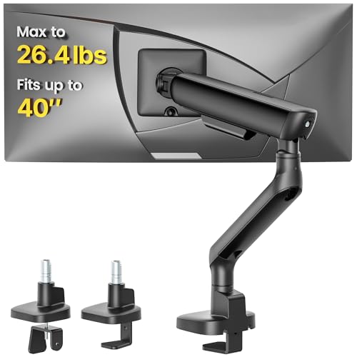 Image of monTEK Mechanical Spring Single Monitor Arm for 27 32 34 40in Screens | Black, Built-in One-Way Bearing, Holds 26.4 lbs, VESA 75 /100mm, C-Clamp /Grommet Base & Cable Management, Office, Home, Game