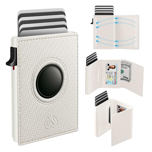 Mens Minimalist Smart Wallet with AirTag Holder, Carbon Fiber, RFID Blocking, Slim, 1-12 Card Capacity, ID Window, Cash Slot (AirTag Wallet, White)