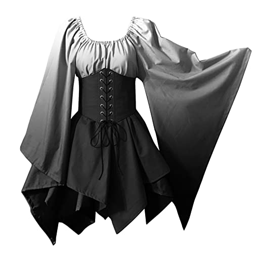 PAIDAXING Disfraz de Halloween para mujer, victoriano, medieval, irlandés, cosplay, vestido de manga murciélago, patchwork, corsé renacentista, para carnaval, fiesta, 29-blanco, L