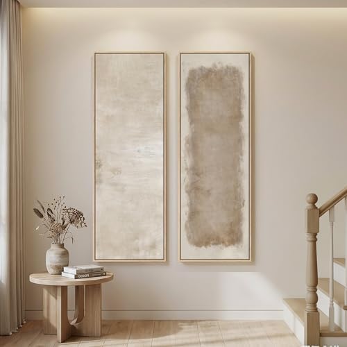 Large Framed Beige Cream Abstract Vertical Wall Art for Hallway, 2 Piece