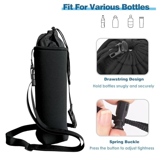 Image of Water Bottle Carrier Bag, Adjustable Shoulder Hand Strap Neoprene Sleeve Sports Water Bottle Accessories for Hiking Travelling Camping, Black
