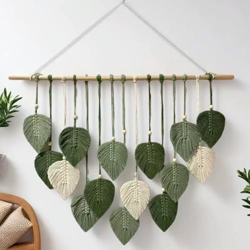 Image of MSFENG Wall Hanging Decor Leaves Tapestry Boho Wall Decor Woven Feather Handmade Yarn Tassels Woven Wall Art Decorations for Nursery, Bedroom, Living Room, Apartment Home Backdrop (LightGreen-M)