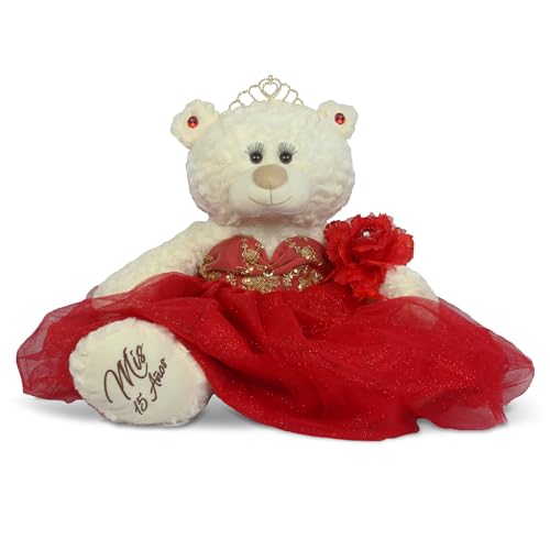KINNEX COLLECTIONS SINCE 1997 Large 20” Quinceañera Teddy Bear Centerpiece – Elegant Dress, Oversized Keepsake Gift for 15 Años, OSO Quinceañera Decoración B16631-14G (Red/Gold Trim)