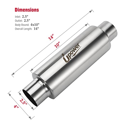 Upower 2.5" Inlet&Outlet Diesel Exhaust Muffler 4" x10" Body 14" Whole Length Universal Resonator - Straight Through Polished Stainless Steel Welded On Resonator Muffler