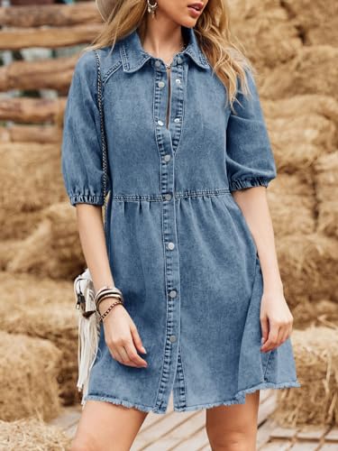 Pepochic Womens Summer Denim Dress Button Down Short Sleeve Babydoll Dress Puff Sleeve Flowy Jean Dress3