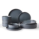 Famiware Nebula Ridge Stoneware Dinnerware Sets, Plates and Bowls Sets for 4, 12 Pieces Dishes Set, Microwave and Dishwasher Safe Kitchen Plates, Charcoal