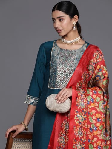Image of Varanga Women Solid Silk Blend Kurta Trouser Set | Woven Yoke Design | 3 /4 Sleeve | Elastic Waist | Casual Wear