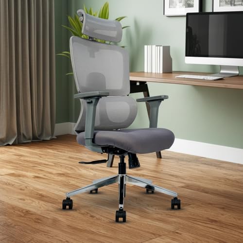 Image of CELLBELL Paris High Back Ergonomic Mesh Office Chair with Adjustable Headrest Armrests Lumbar Support Seat Slider Depth Height Adjustable 3D Arms Chrome Base 60mm Wheels 120kg Capacity (Grey)