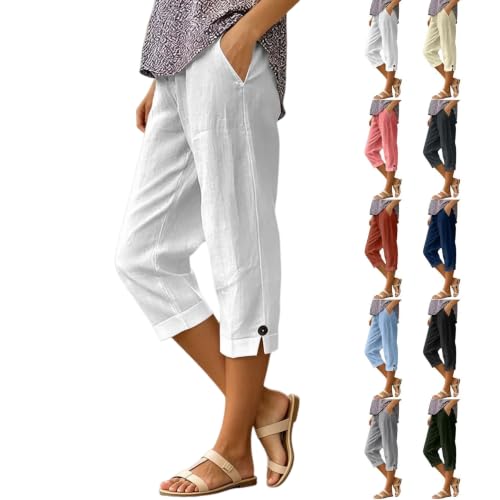 ZGTWHZY Linen Pants Women Petite,Linen Capri Pants For Women Petite 2026 Summer Lightweight Casual Pull On White Button Hem Elastic Waist Cropped Gauze Trousers With Pockets,L