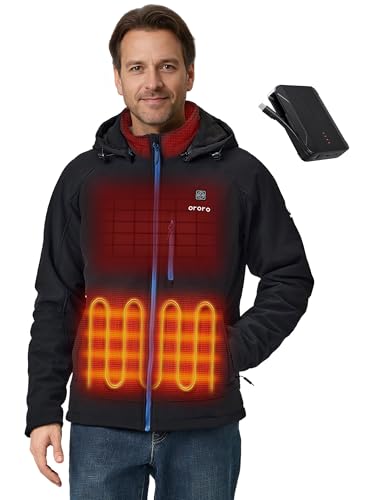 ORORO [Upgraded Battery] Men's Heated Jacket with Heated Collar, Up to 13.5 Hours, Heated Coat with Removable Hood (Black/Blue,XL)