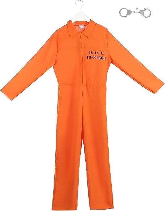 Seasons Prisoner Costume for Adults – Realistic Orange Inmate Jumpsuit with D.O.C. Prints & Handcuffs, Halloween Prison Outfit, Large 40–42 - Image 6