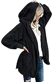 CHICGAL Womens Fuzzy Jacket Sherpa Coat Open Front Hooded Cardigan Outwear with Pockets (Large, Black)